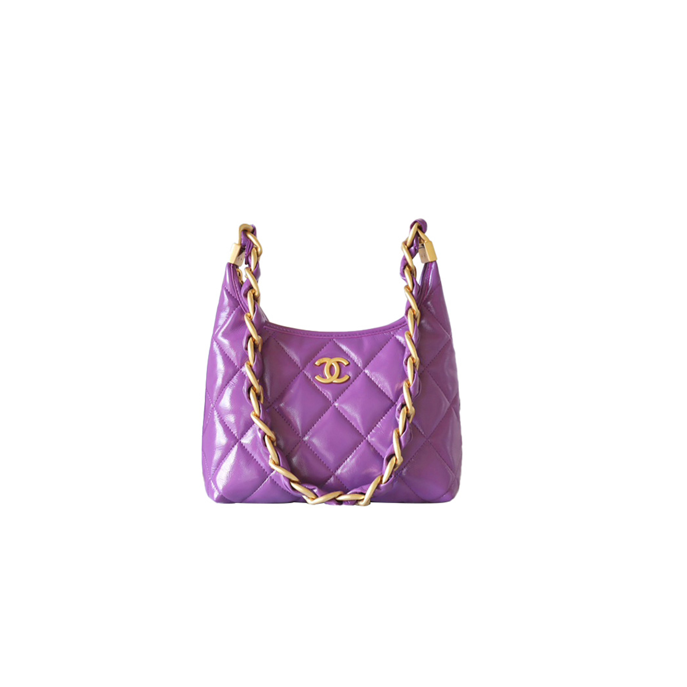 Ch*el master small hobo bag shiny lambskin and gold metallic purple as4922 (22.5*19.5*8.5cm)